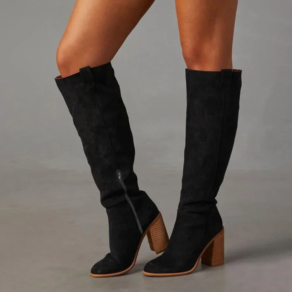 Women's 1 Black Suede Knee-high Boots Fall Boot Chunky Block High Heel